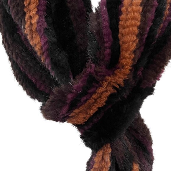 Belle Fare Salo Genuine Mink Fur Knit Pull Thru Scarf  Brown‎ Purple Gold 60" - Picture 2 of 10